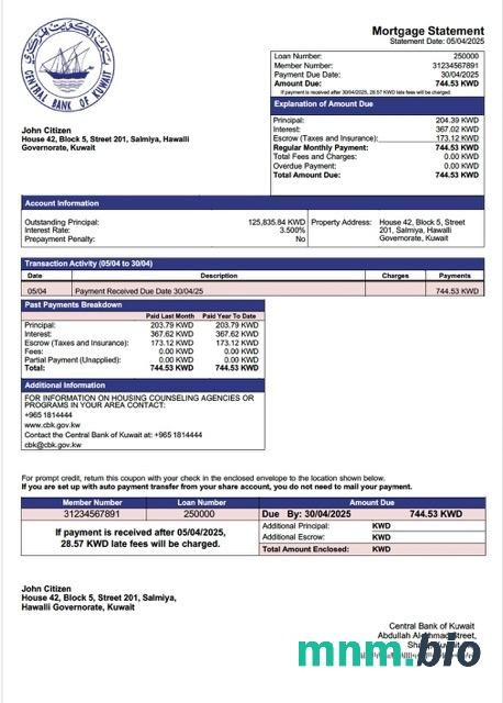 Kuwejt Bank Centralny Kuwejtu wyciąg z kredytu hipotecznego szablon Word i PDF